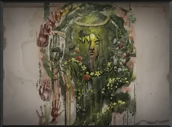 A painting of a long-haired, green-skinned face, its eyes closed, surrounded and covered by greenery and flowering vines. The form of a green handprint appears on the left of the image as if she is raising her hand, although several other handprints in red appear around it.