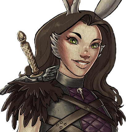 Morrighan from the chest up. A lagomore woman with light skin, tall white ears popping out of her long brown hair, and white fur sprouting from her cheeks. She wears black sleeveless armor crisscrossed with black leather and with purple quilted fabric down the center. On her shoulders are masses of black feathers. The golden hilt of a thin sword with silver wings sprouting from the sides shows over her right shoulder.