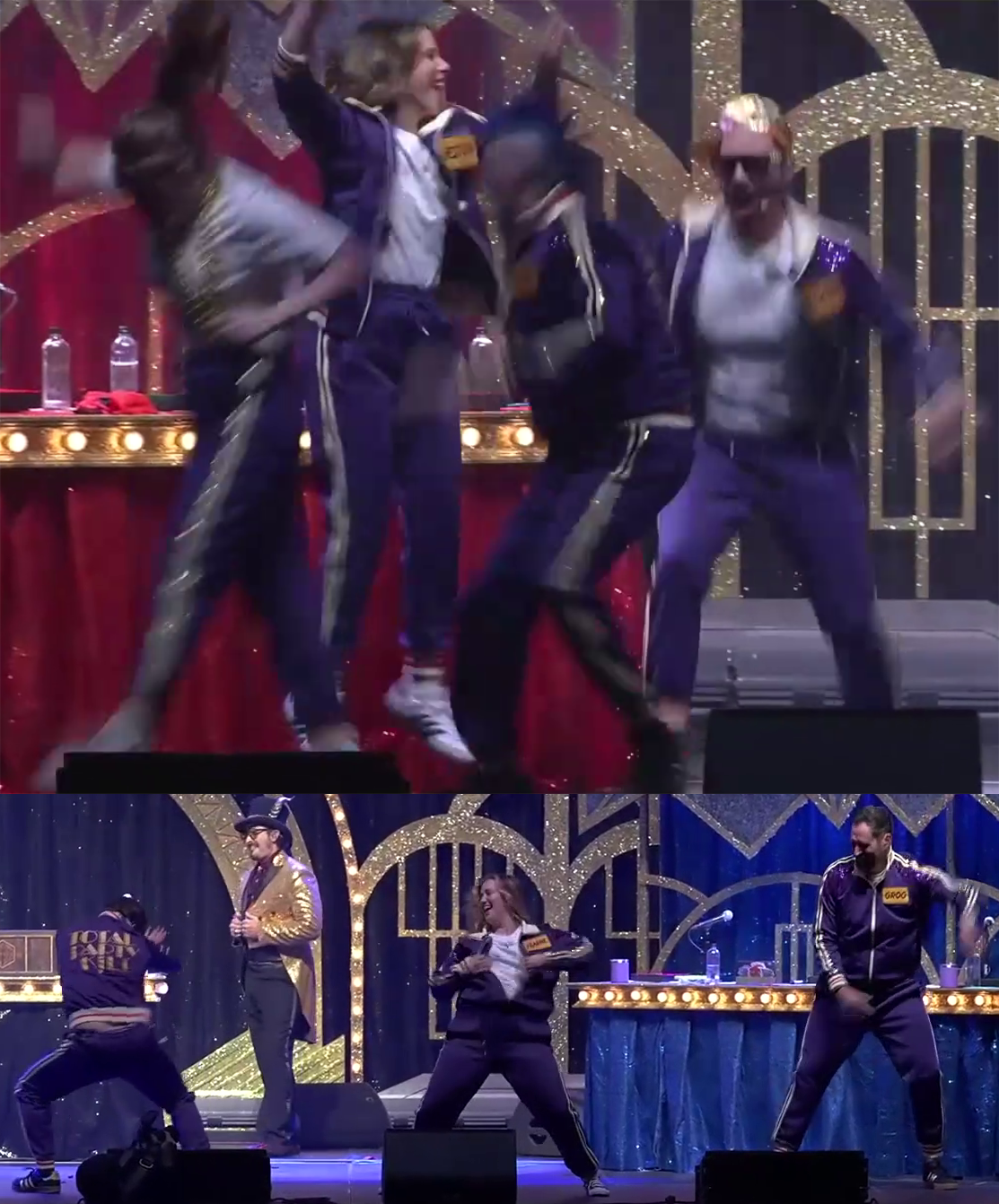Two images of the cast dancing on stage wearing purple track suits. In one image, Marisha, Laura, Taliesin, and Sam leap up and down energetically as if in a mosh pit. In the other image, Liam shakes his butt at the crowd while Ashley unzips her track suit and Travis swings his arms. Robbie Daymond in a golden suit smiles in the background.