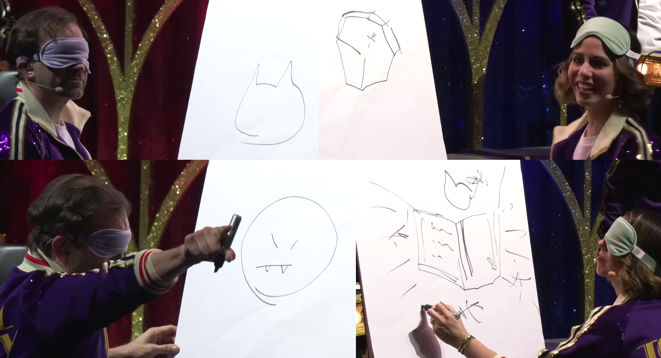 Four images, two of Liam and two of Laura, drawing on white paper mounted to an easel. Liam has drawn the outline of a cat’s head and a simple vampire face with fangs, pointing at someone in the latter image. Laura has drawn an uneven polygon and an elaborate spellbook with rays coming off it. Both wear purple track suits and are on a stage.