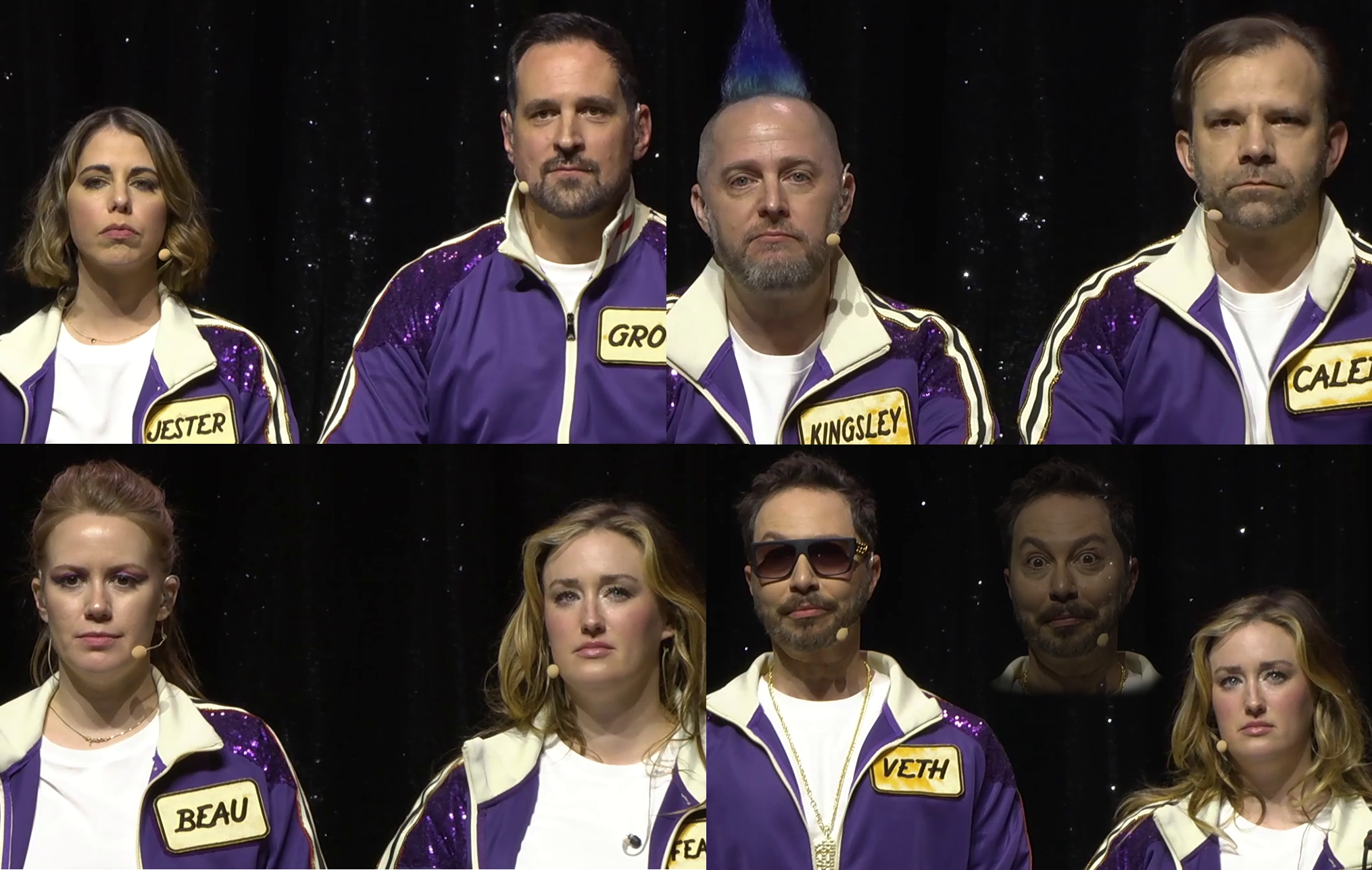 Four images of Laura and Travis, Taliesin and Liam, Marisha and Ashley, and Sam and Ashley, staring off stoically into the distance. All wear purple track suits and are on a stage. In the final image, a semi-transparent image of Sam’s face, eyes wide in discomfort, is superimposed.